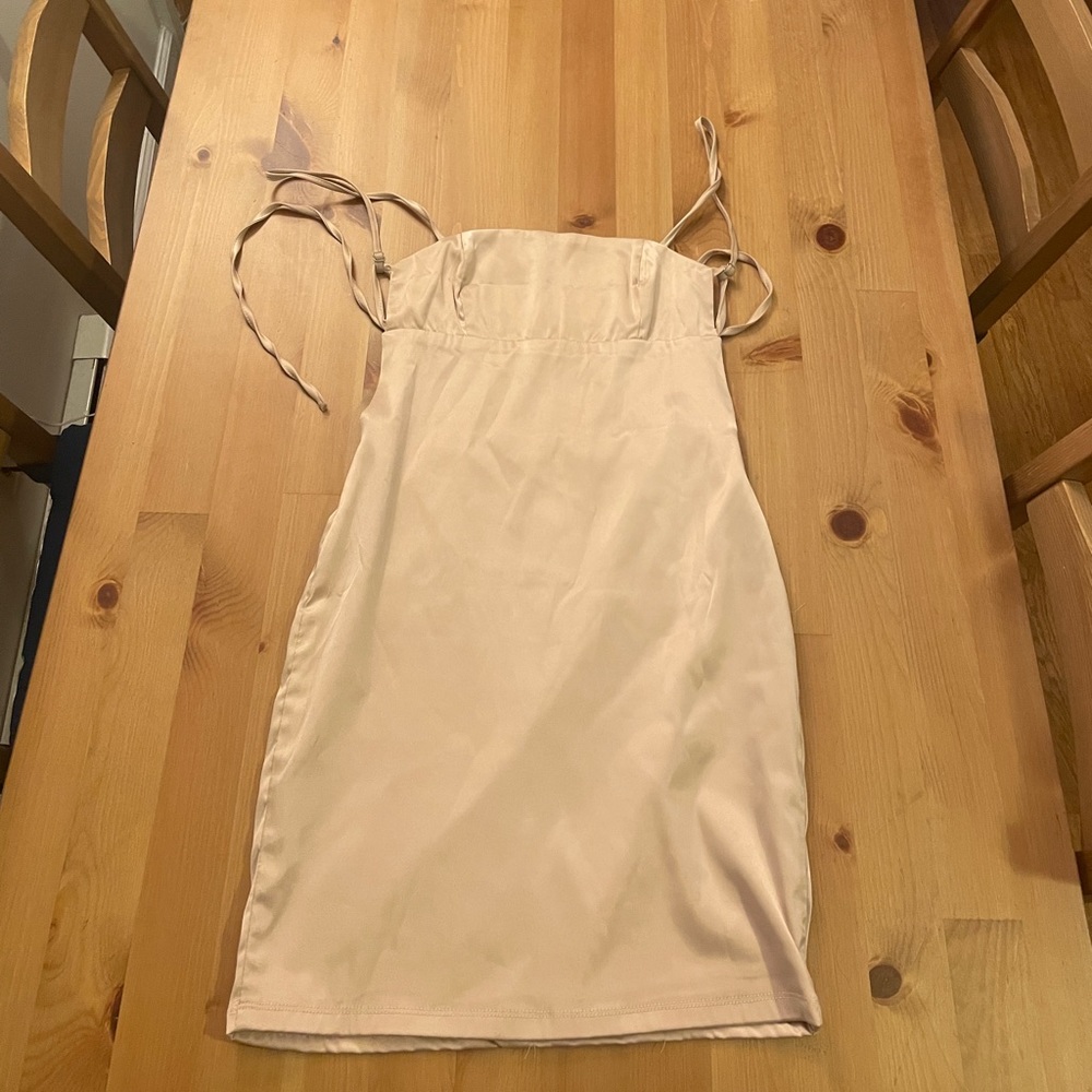 White fox blush pink XS satin mini dress open/tie back minor imperfections shown